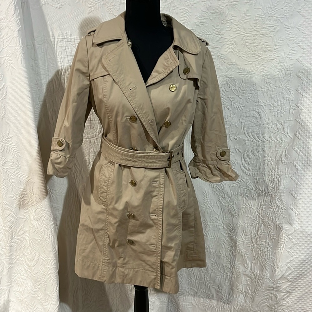 Juicy Couture Tan Trench Coat with Belted Waist and Notched Lapels